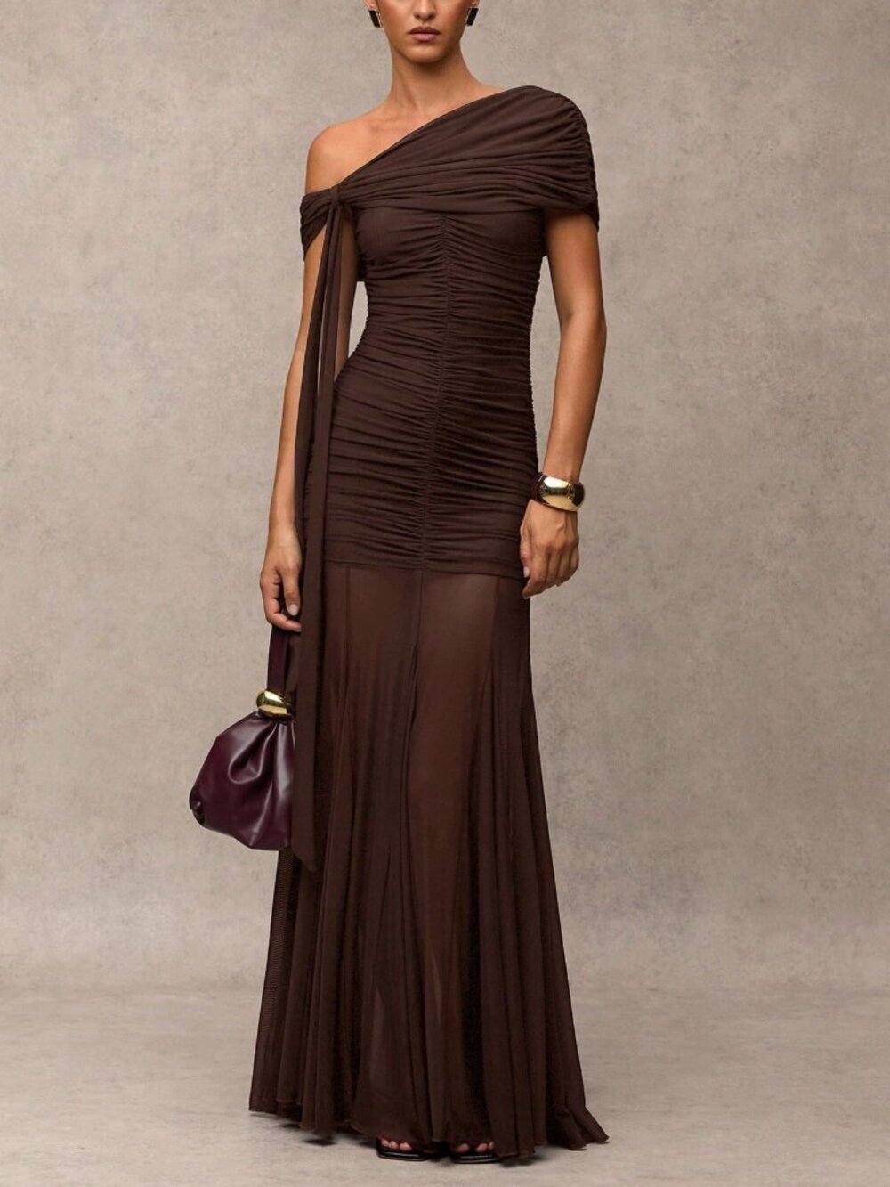 Coffee Brown Elegant Women's Asymmetric neckline maxi Dress
